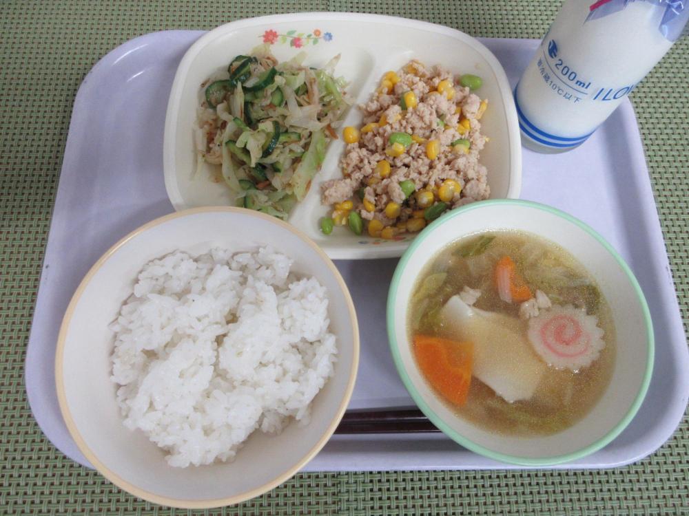 ごはん　牛乳　ワンタンスープ　カラフル鶏そぼろ　じゃこサラダ