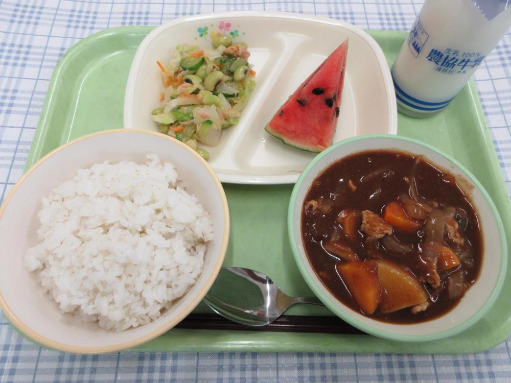 ごはん　牛乳　ハヤシライスソース　青大豆のツナサラダ　小玉すいか