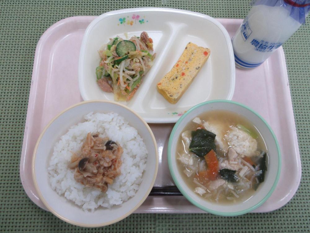 ごはん（雪白舞）　牛乳　雪解けスープ　五目卵焼き　ごま酢あえ　南小6年生発案ピリ辛なめたけ