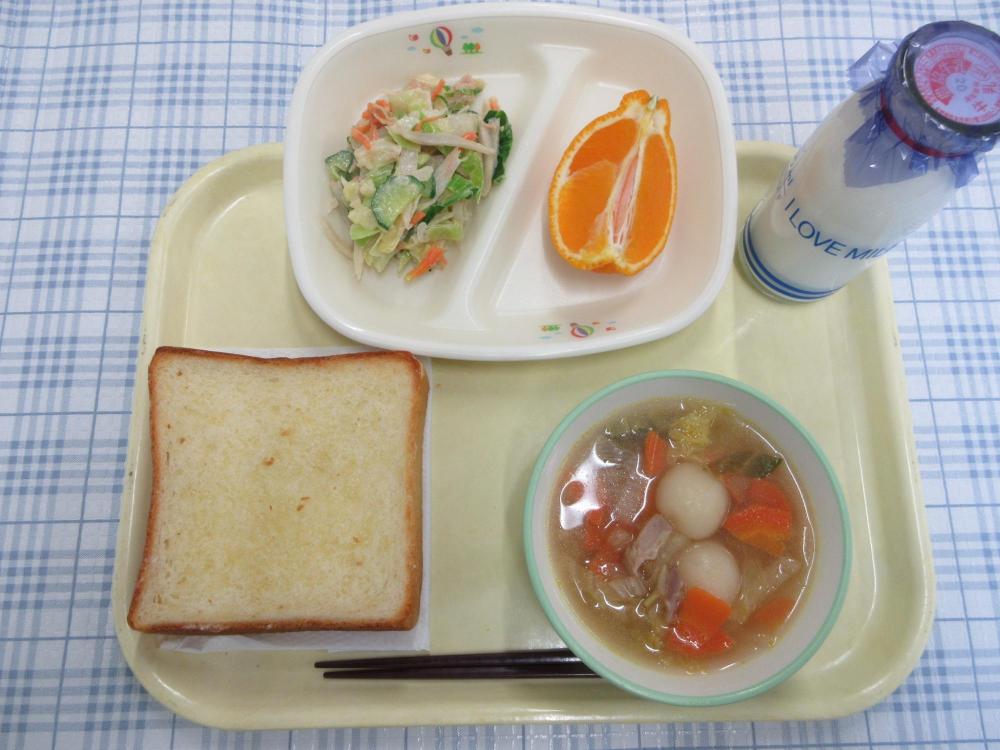 シュガートースト　牛乳　ポテトボールスープ　ツナとごぼうのサラダ　熊本県のデコポン