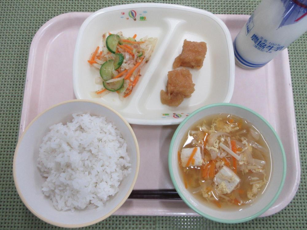 ごはん　牛乳　かきたま汁　厚揚げのおろしソースがけ　和風サラダ