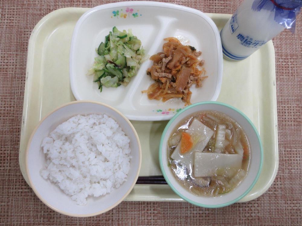 ごはん　牛乳　ワンタンスープ　キムたくごはんの具　塩昆布キャベツ