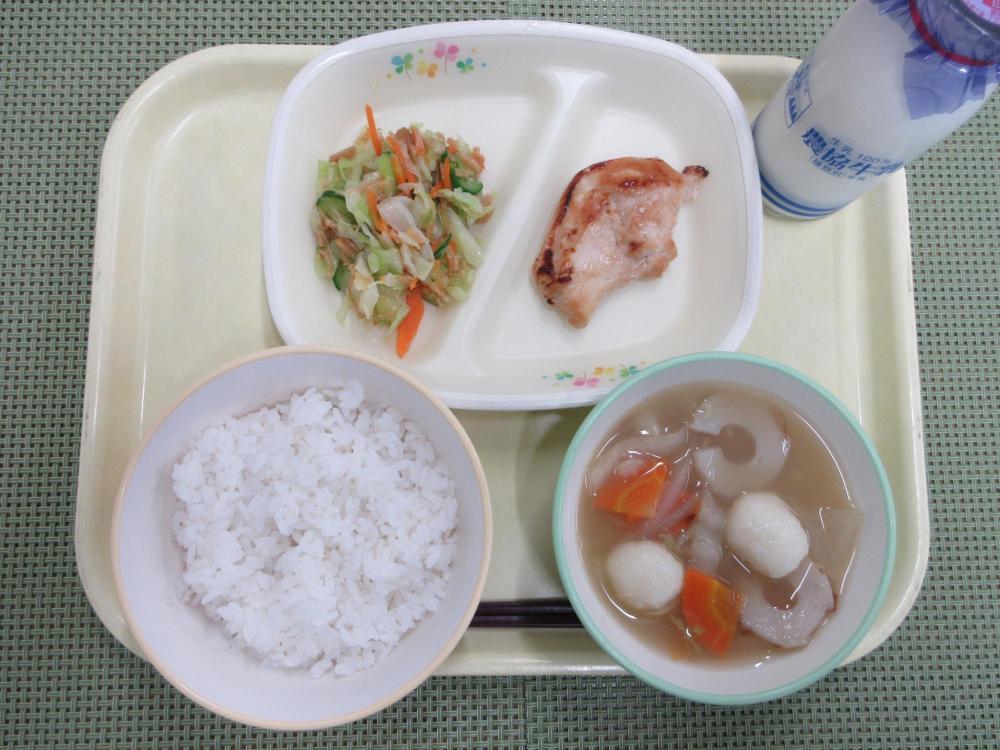ごはん　秋野菜のだまこ汁　鶏肉の鍬焼き　なめたけあえ