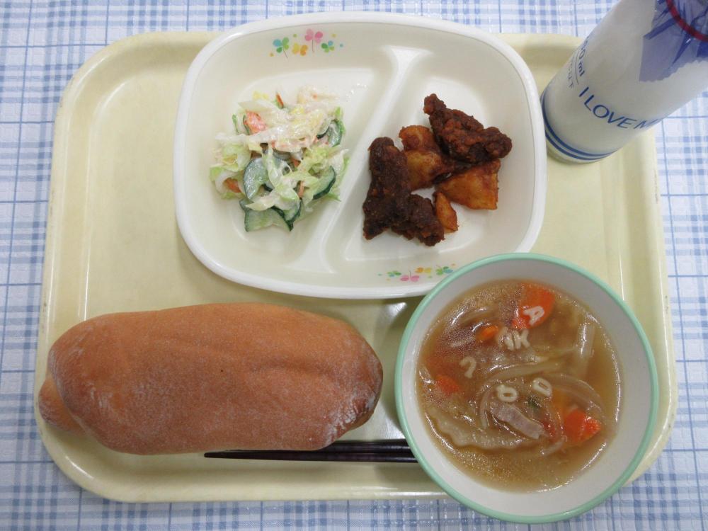 コッペパン　牛乳　ABCスープ　レバーとポテトのケチャップあえ　大根のマヨサラダ